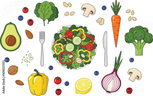 Vibrant fresh ingredients arranged around a healthy salad, ready for a delicious meal.