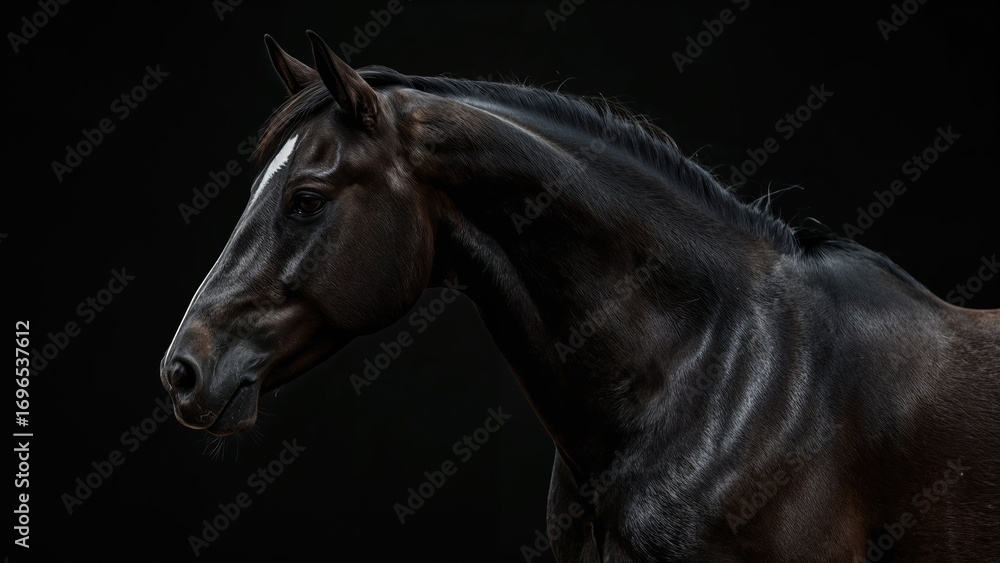 Fototapeta premium Close-up of a sleek black horse standing alone against a dark background.