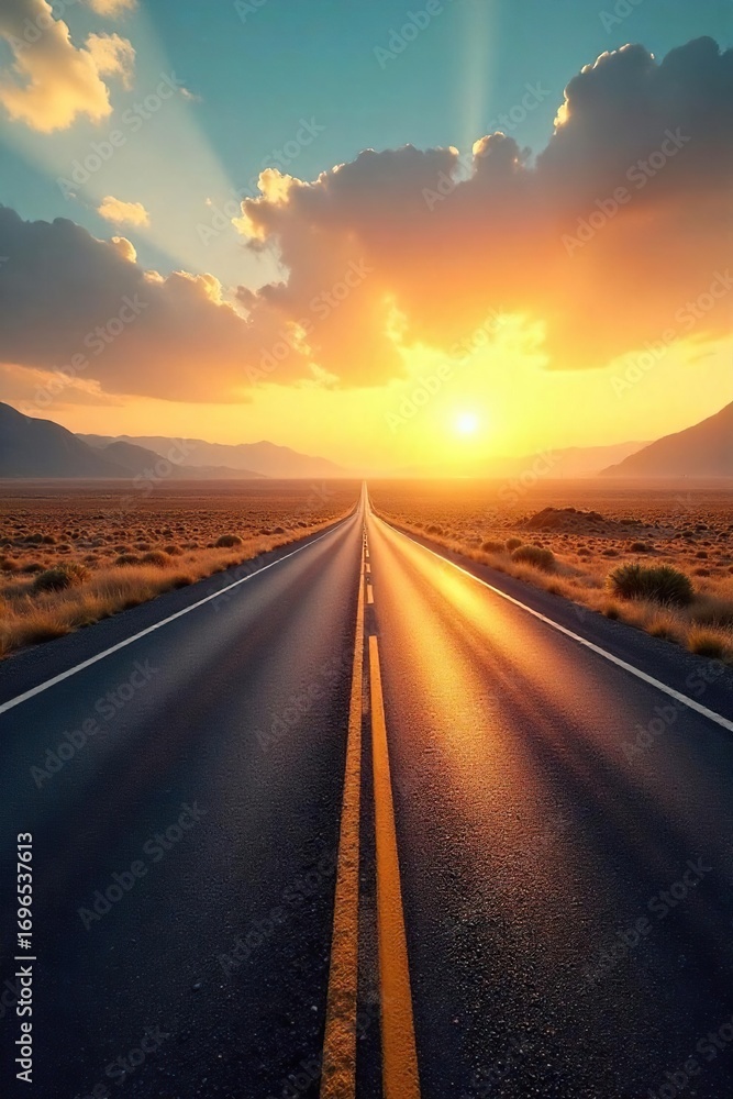 Fototapeta premium Endless asphalt ribbon vanishing into a hazy, sun-drenched horizon, promising adventure and open road freedom Perfect for travel, vacation, and wanderlust themes , sky, highway, journey