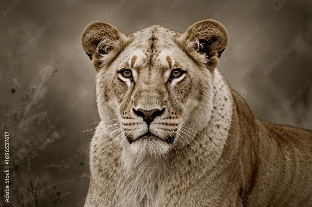 Naklejka premium Sepia-Hued Female Lion Portrait