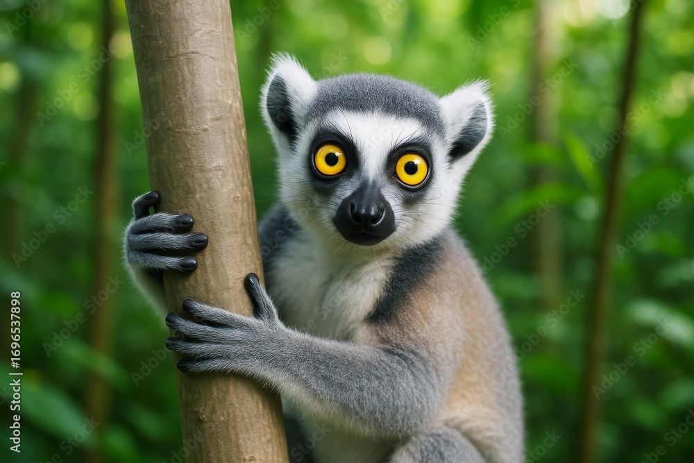 Fototapeta premium Ring-tailed lemur with vivid yellow eyes clinging to tree in lush green forest background, concept of curiosity and wildlife awareness. Ai generative