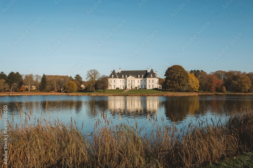 Obraz premium Autumn view of a manor by a serene lake