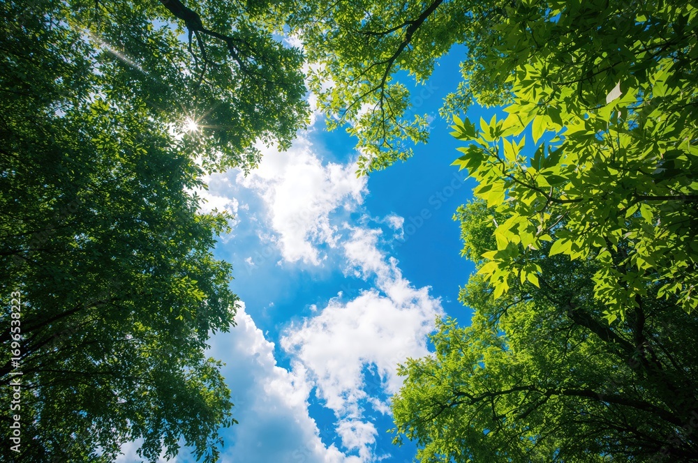 Fototapeta premium Gazing upwards at clear blue skies framed by lush green foliage on a bright sunny afternoon