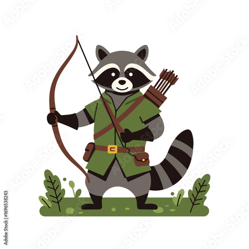 A raccoon character wearing green attire aiming a bow and arrow It stands in grass with leafy plants