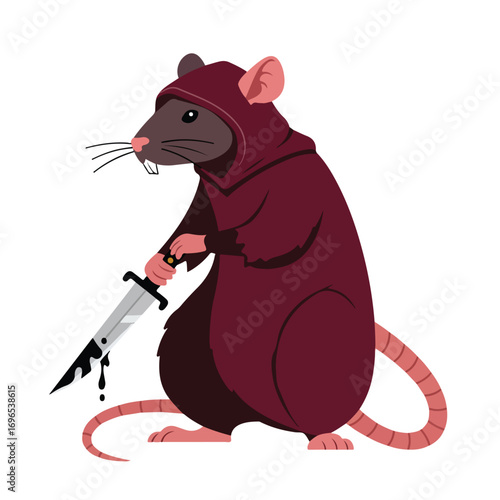 A rat in a burgundy robe holds a bloody dagger The rat has a hood and a curled tail