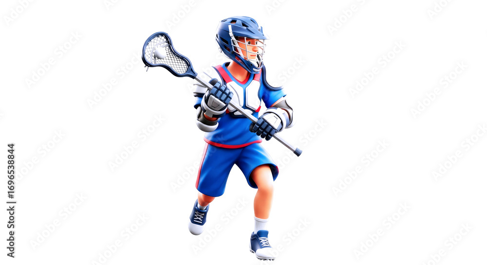 Fototapeta premium dynamic cartoon lacrosse player action pose, blue uniform, gripping stick, intense focus, 3d render, game day, isolated on transparent background