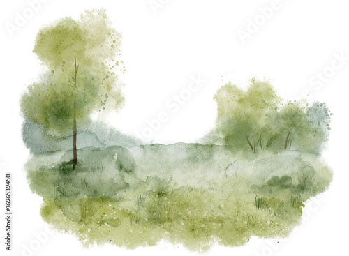 Watercolor Landscape with trees, meadow, and greenery. Illustration of summer field. Art of natural scene for background and seasonal decorations. Drawing of trees and forest for backdrops