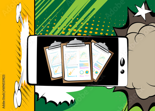 Cartoon Smartphone, comic book Telephone with business report. Retro vector comics pop art design.