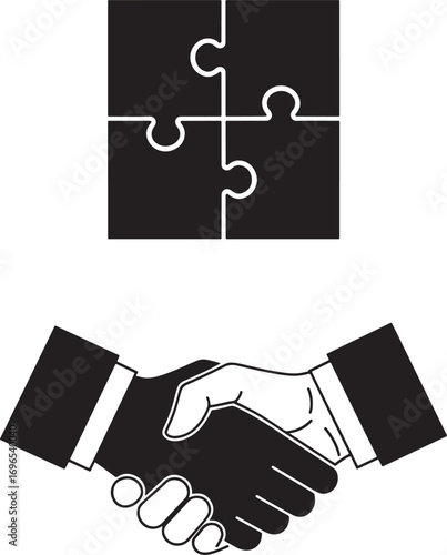 Business partnership agreement concept with handshake illustration and puzzle symbol on top