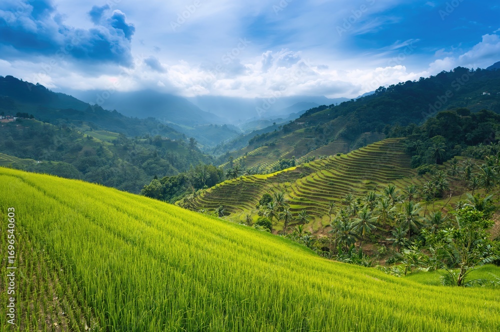 Fototapeta premium Scenic view of tiered verdant rice paddies on a hillside, featuring sky and seasonal themes