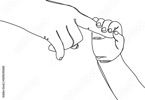 continuous single line drawing of toddler holding on to finger of parent, line art vector illustration