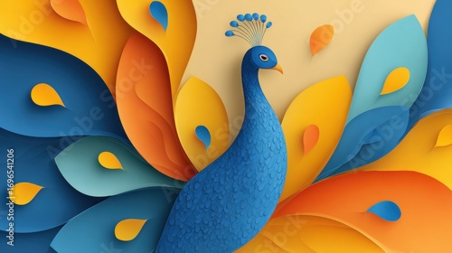 Colorful Paper Art of a Elegant Peacock with Vibrant Tail Feathers in Abstract Style