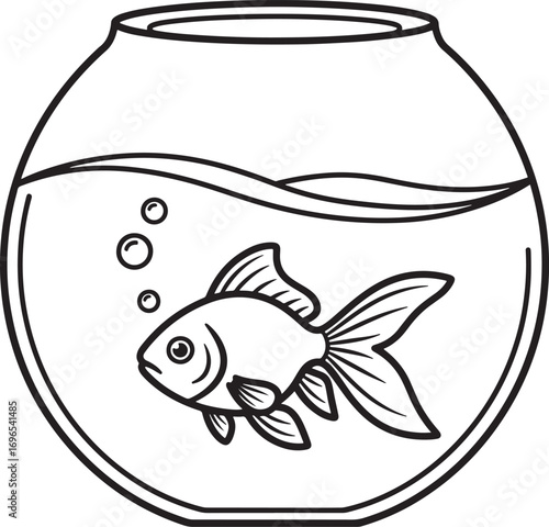 Cartoon goldfish swimming in a bowl vector illustration in black and white line art
