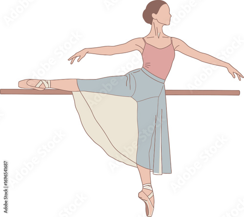 Elegant flat illustration of a female ballet dancer practicing a graceful leg extension at the barre, showcasing fluidity and artistic movement