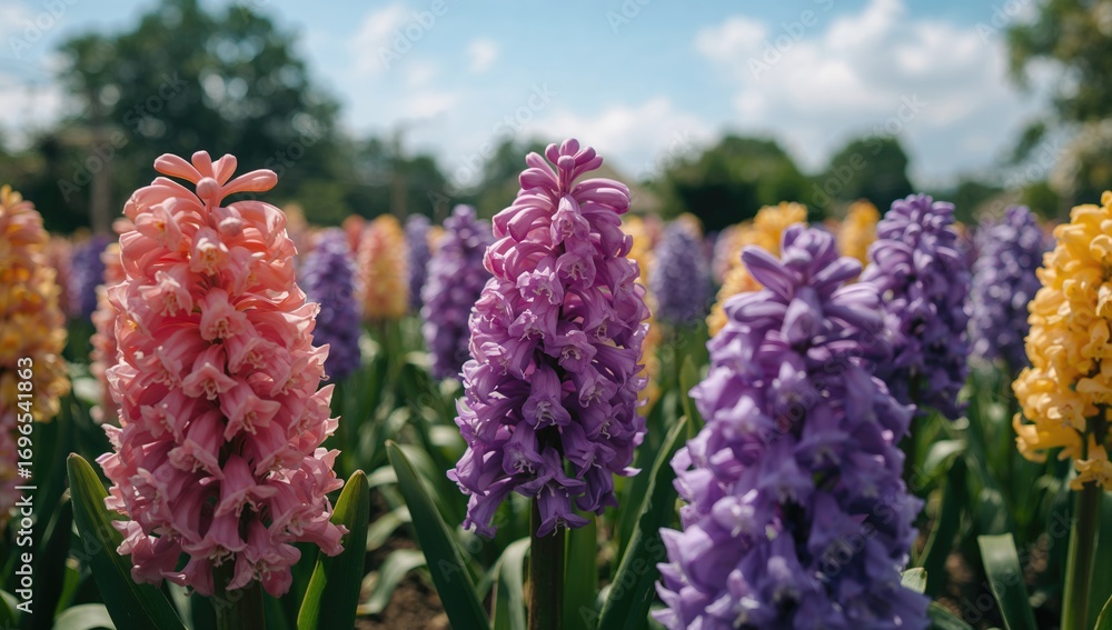 Obraz premium A vibrant display of hyacinth flowers thriving in a colorful garden setting. Close-up nature photography showcasing a stunning floral scene outdoors.