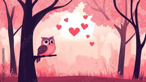 Romantic Owl in a Pink Forest
