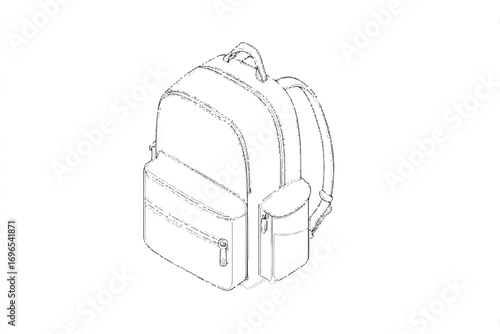 Isometric backpack sketch showcasing design and features of a versatile travel bag suitable for students and adventurers