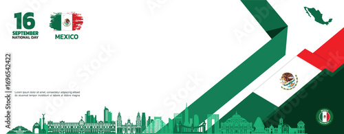 Geometric minimalist mexico Independence Day design, 16 september design element template with waving ribbon flag on the right, mexico map and flag	
