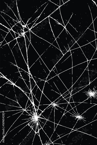 Abstract cracked glass texture with sharp shattered lines on black background, broken window effect for horror, danger, or design themes.