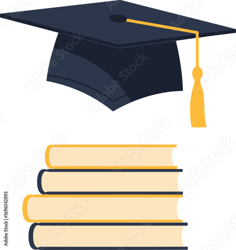 Graduation cap and books representing education and knowledge.