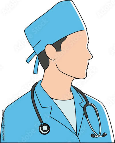 Medical professional in blue scrubs with stethoscope.