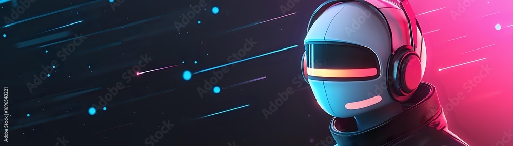Fototapeta premium Futuristic astronaut helmet with headphones against neon pink and blue space background with glowing particles and meteor shower trails.