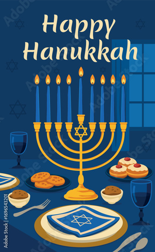 Modern Hanukkah illustration menorah with white candles on festive table, serving with blue glasses, dreidel, plates, Happy Hanukkah. Cozy and festive postcard, poster, invitation
