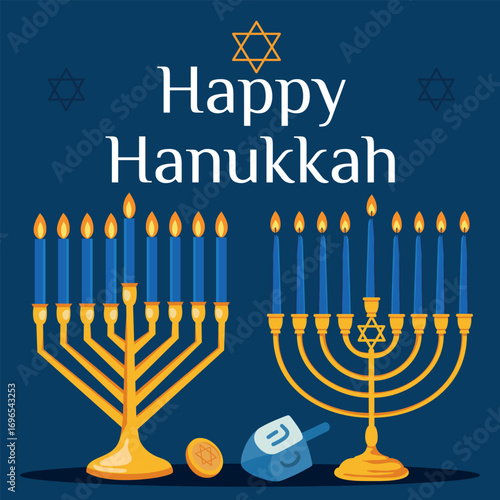 Vector illustration of Hanukkah, two golden menorahs with white candles and burning lights, coins, dreidel, Star of David, Happy Hanukkah inscription on blue background