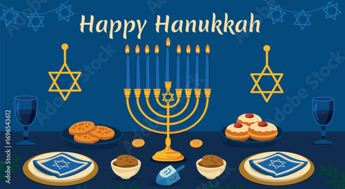 Vector illustration of Hanukkah dinner menorah, sufganiyot donuts, latkes, serving with blue glasses, plates, coins, dreidel. Holiday card, poster, invitation
