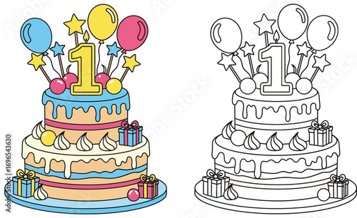 First Birthday Cake Cartoon with Number One Candle, Balloons, and Gifts