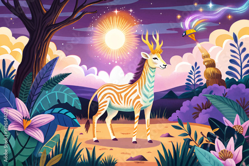 Fantasy savanna with glowing magical animal, surreal mystical wilderness, enchanted horizon