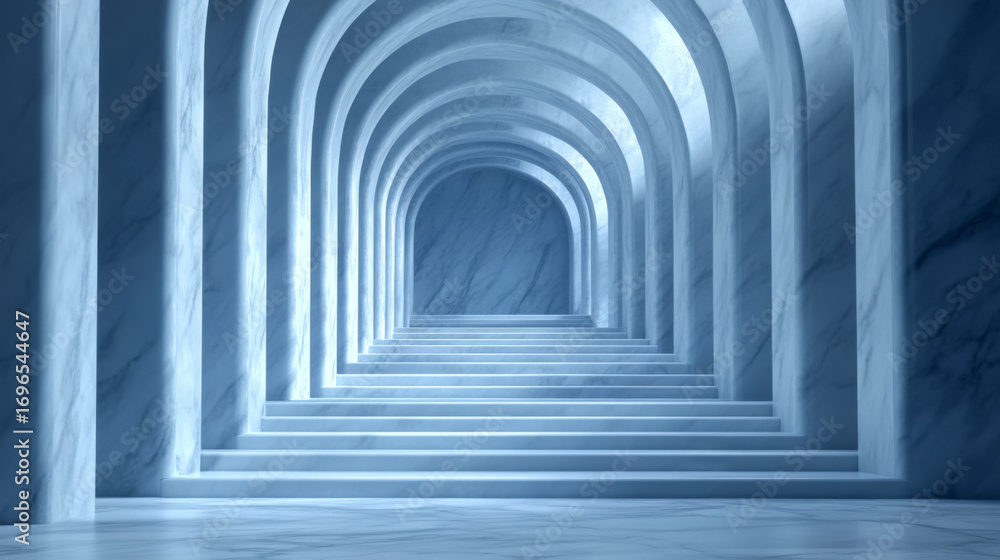 Obraz premium Architecture Background Futuristic blue marble archway tunnel video footage.