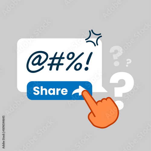 illustration of chat bubble, question mark and share button. thinking before commenting or sharing. Concept of mindful communication, online discussion, social media etiquette, and responsible sharing