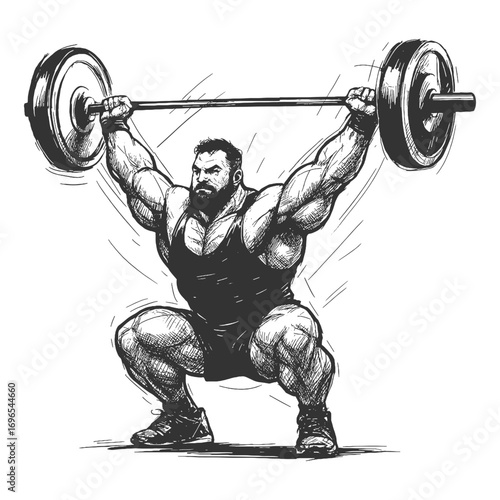Engraving illustration of muscular weightlifter lifting barbell, vintage retro sketch symbolizing strength, sport, bodybuilding, and power.
