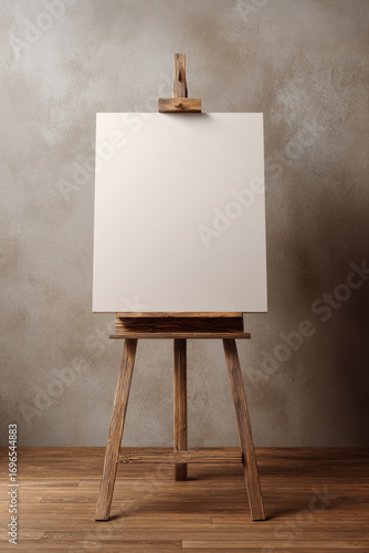 Wooden easel with blank canvas against a textured wall, ready for art creation and display.