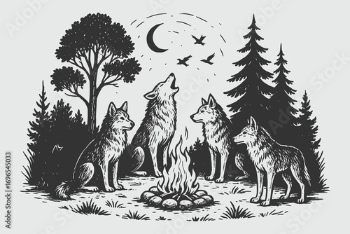 Engraving illustration of wolves howling and sitting around campfire under moonlight in pine forest, retro vintage sketch wilderness scene.
