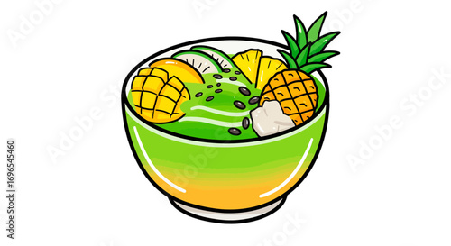 Delicious tropical smoothie bowl with mango pineapple lime and tapioca pearls vibrant food illustration on transparent background
