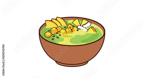 Delicious green smoothie bowl with mango pineapple and coconut healthy breakfast food illustration on transparent background