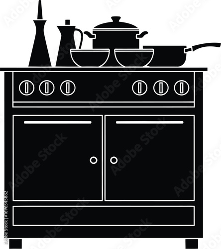 Black silhouette of a vintage stove with cooking pots and utensils, ready for culinary creation.