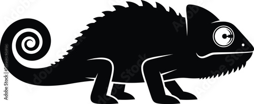 Sleek black silhouette of a chameleon with a coiled tail and large eyes, ready to adapt.