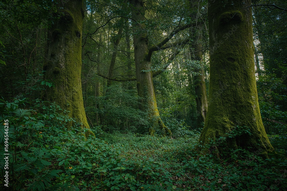 Obraz premium Dense woodland landscape with moss-covered tree trunks