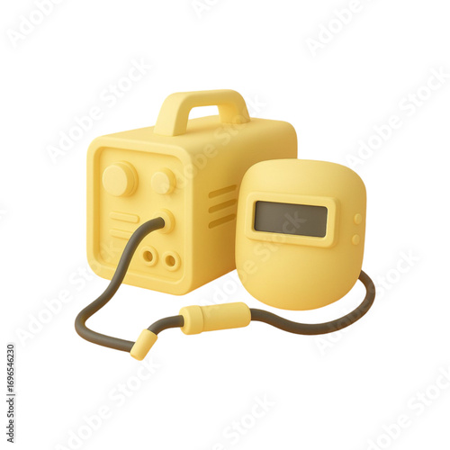 Yellow welding machine and helmet isolated on transparent background