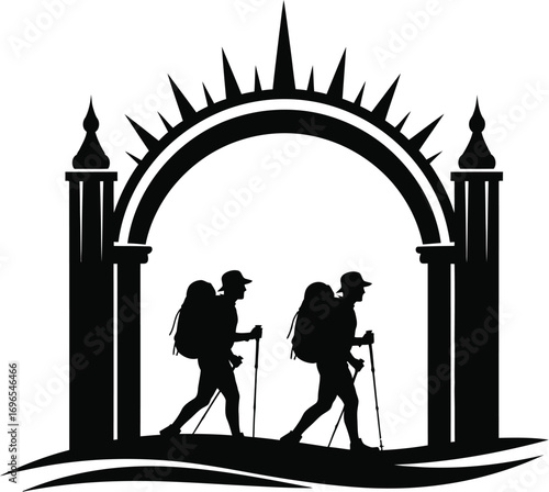 Two hikers with backpacks and poles walk through an ornate archway at sunrise.