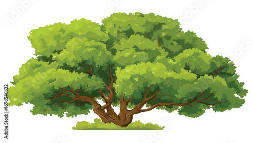 Majestic Green Tree with Lush Foliage and Strong Branches Creating a Peaceful and Serene Landscape Illustration