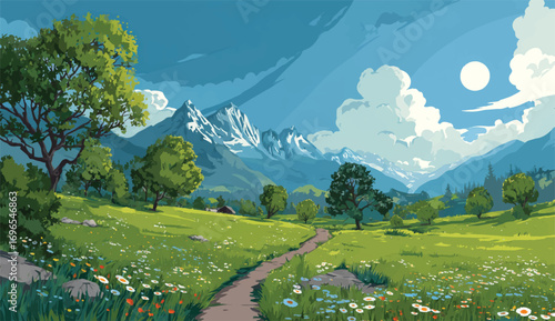 Lush Meadow with Blooming Wildflowers and Majestic Snowy Mountains Under a Calm Sky Landscape