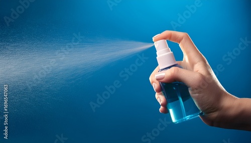 hand holding spray bottle on blue background
