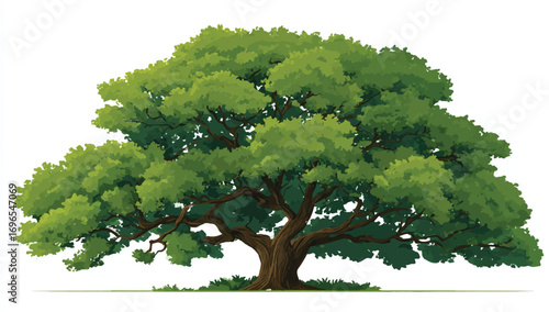 Majestic oak tree with lush green foliage and sprawling branches against a white background illustration style