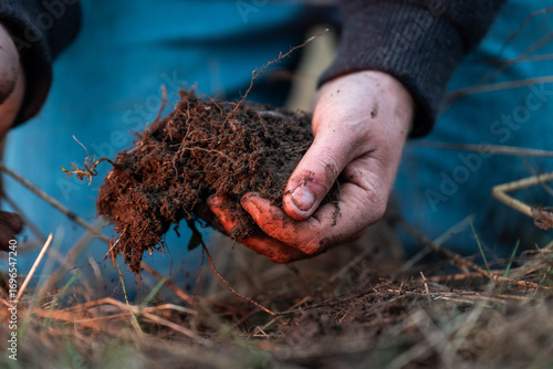 modern young farmer collecting soil samples in a test tube in a field. Agronomist checking soil carbon and plant health on a farm
