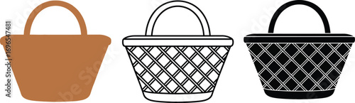Three simple basket illustrations in different styles: solid color, outline, and silhouette