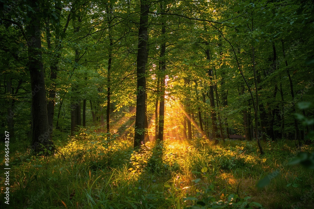 Fototapeta premium Sunlight streams through dense woodland at dawn
